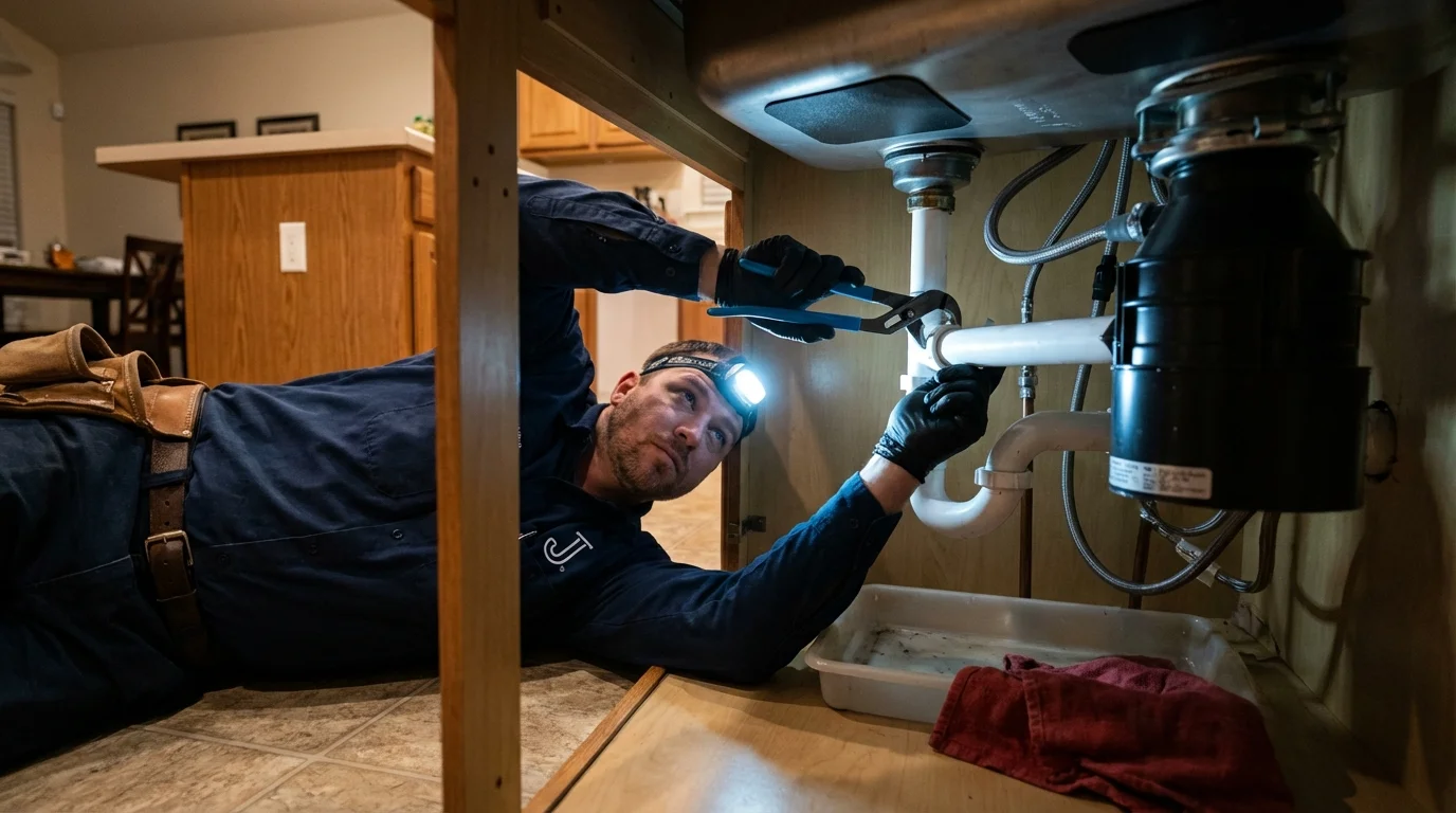 P-trap and supply line connections under a kitchen sink showing a common leak point in Ossining, NY